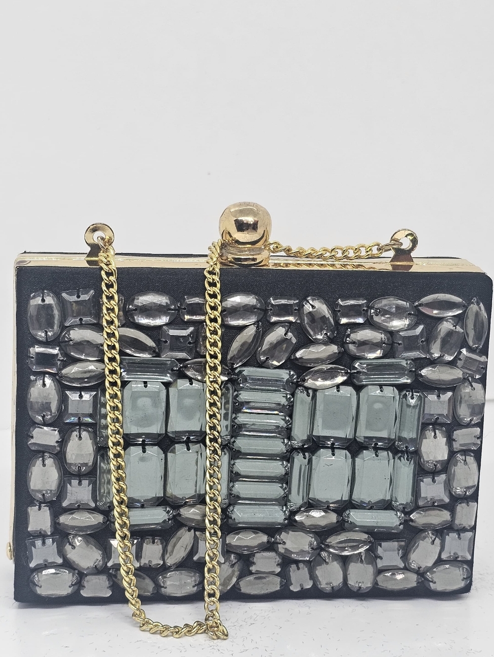Embellished Black Rhinestone Box Clutch with Gold Chain/NWOT